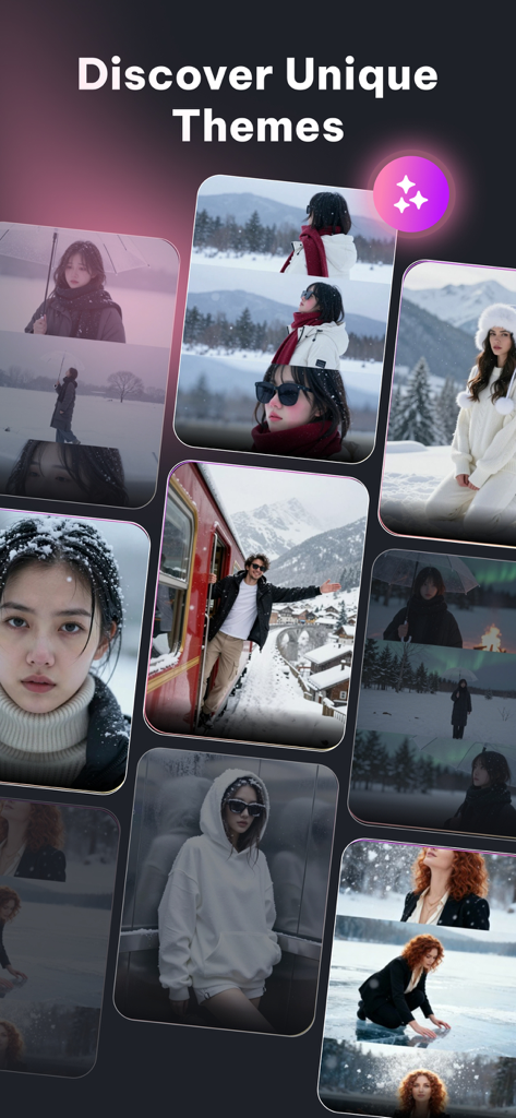 A collage of diverse AI-generated portraits in various styles and outdoor winter settings showcasing unique themes