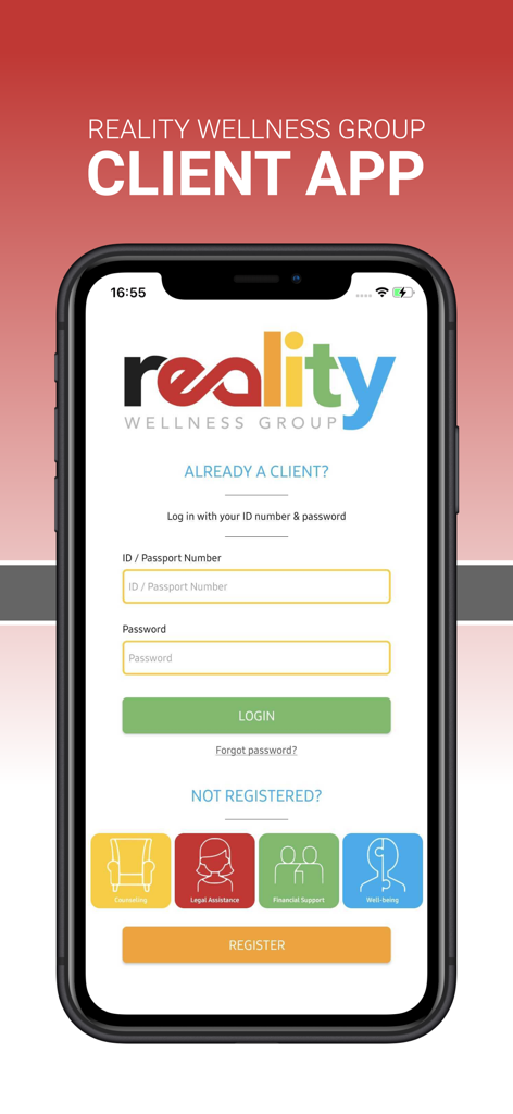 Reality Wellness Group - Pantalla de inicio de sesión de la aplicación cliente de Reality Wellness Group con opciones de apoyo legal y financiero de consejería