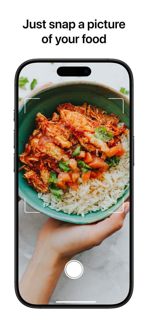 A smartphone screen displaying the Cal Pal AI app interface used to snap a picture of a meal for instant calorie tracking