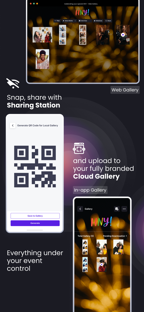 Touchpix photo booth app interface showing web gallery, QR code sharing system, and branded cloud gallery for professional events.