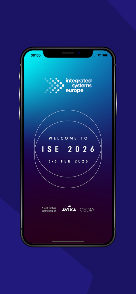 Integrated Systems Europe 2026 - Écran d'accueil de l'application mobile Integrated Systems Europe 2026 indiquant les dates de l'événement du 3 au 6 février 2026.