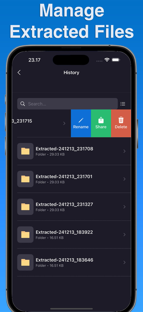 ZIP Extractor・Unzip・Opener - History screen of the ZIP Extractor app showing a list of unzipped folders with management options like rename and share