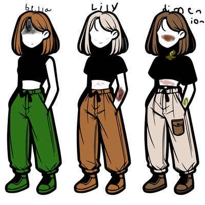 girl with no face wearing a crop top & baggy pants realistic