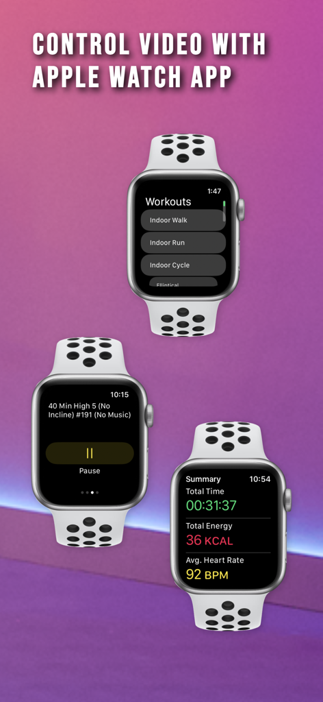 Three Apple Watches showing Fitscope app workout list video controls and post workout summary
