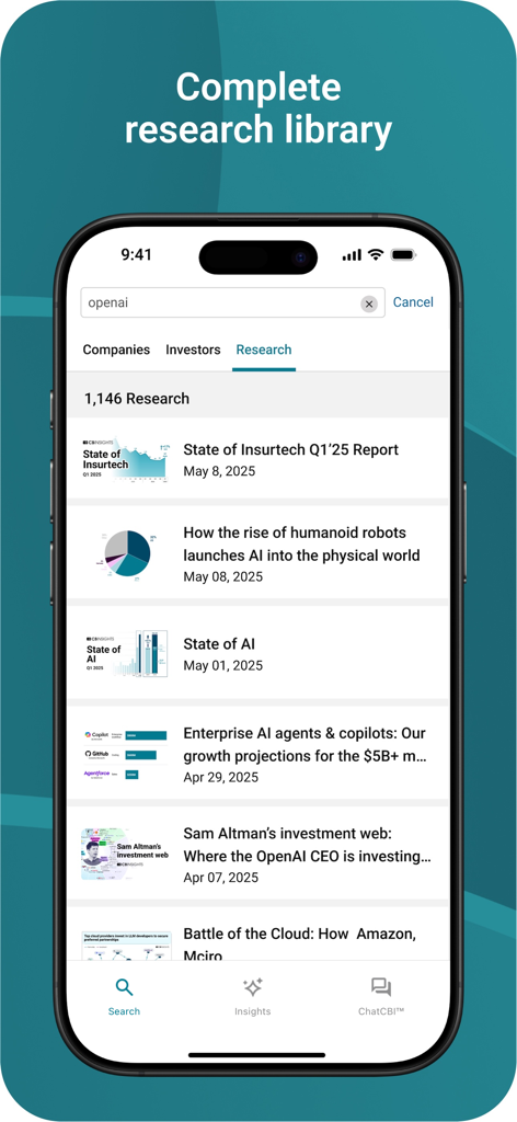 CB Insights - CB Insights app interface showing a comprehensive research library with market reports on AI and tech trends.