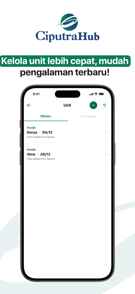 Ciputra Hub - Ciputra Hub app interface showing a list of registered property units for an owner in Citra Garden Puri Jakarta