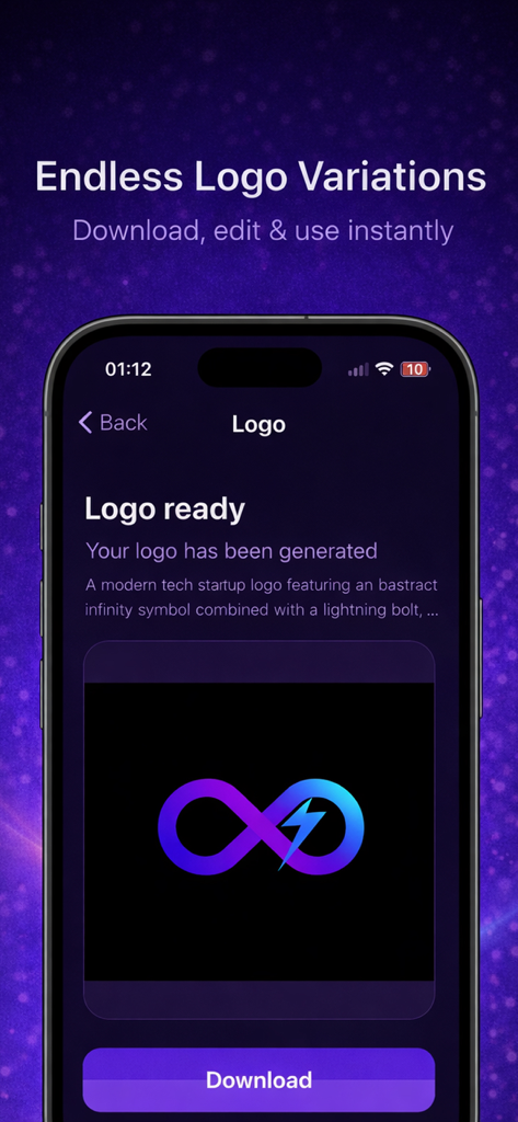 AI Logo Maker: Logo Design - A generated logo featuring a purple and blue gradient infinity symbol with a lightning bolt on an iPhone screen.