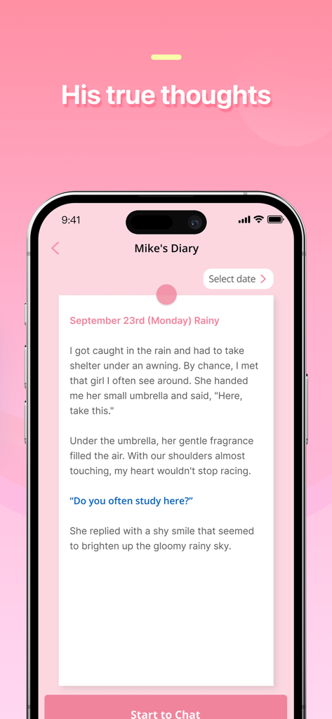 Dokichat – Romantic AI Chat - A screen from the Dokichat app showing a diary entry of an AI character named Mike revealing his romantic thoughts.