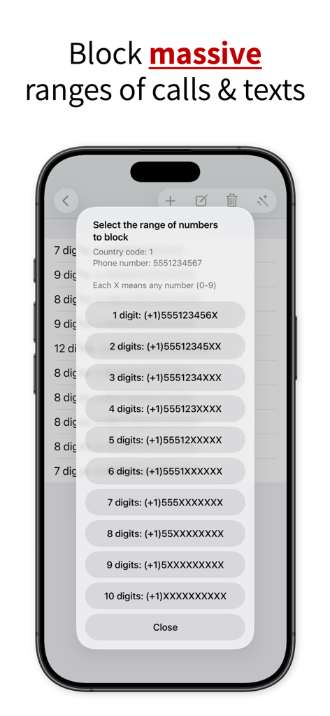 Interface showing options to block ranges of phone numbers with wildcards in Call Ranger app