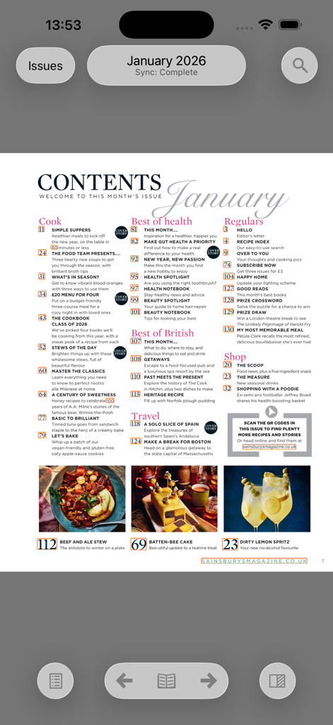 Sainsbury's Magazine - A página de conteúdo da edição de janeiro de 2026 do aplicativo Sainsbury's Magazine apresentando seções de receitas e estilo de vida.