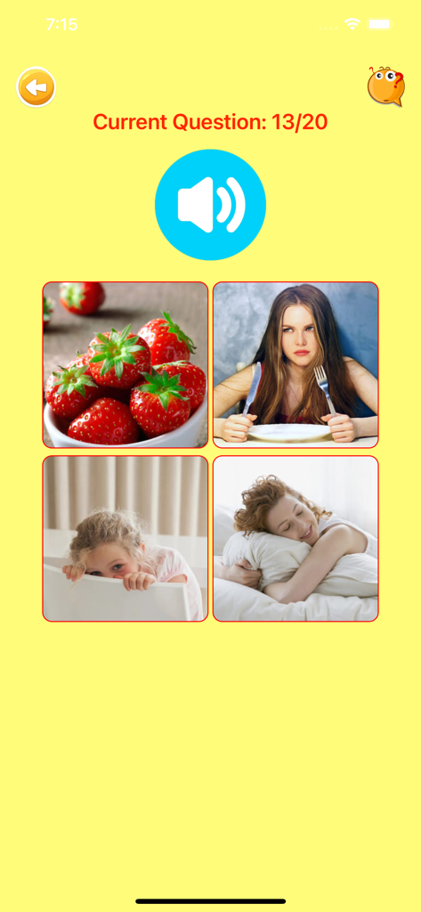 Una interfaz de cuestionario de aprendizaje de holandés para niños con imágenes de la vida real y un ícono de altavoz para la práctica de fonética