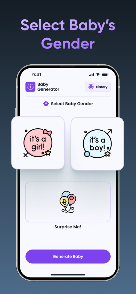 Smartphone screen showing gender selection options including girl boy or surprise me in the AI Baby Generator app