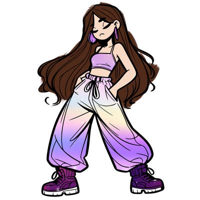 girl in baggy pants crop top and long hair
