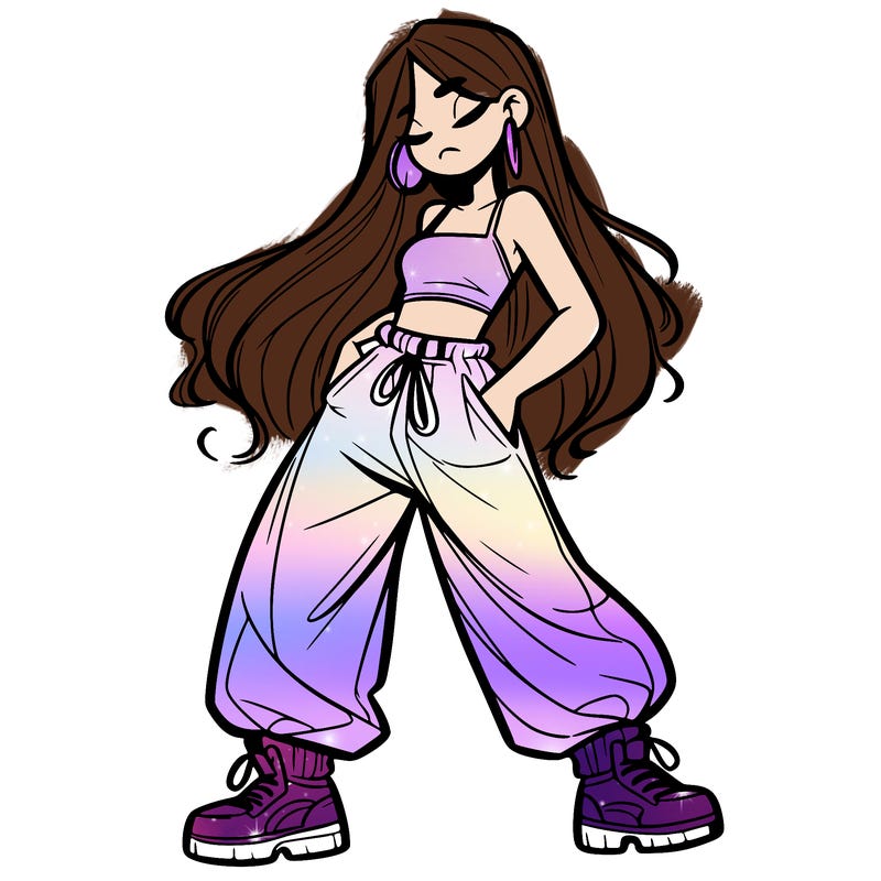girl in baggy pants crop top and long hair