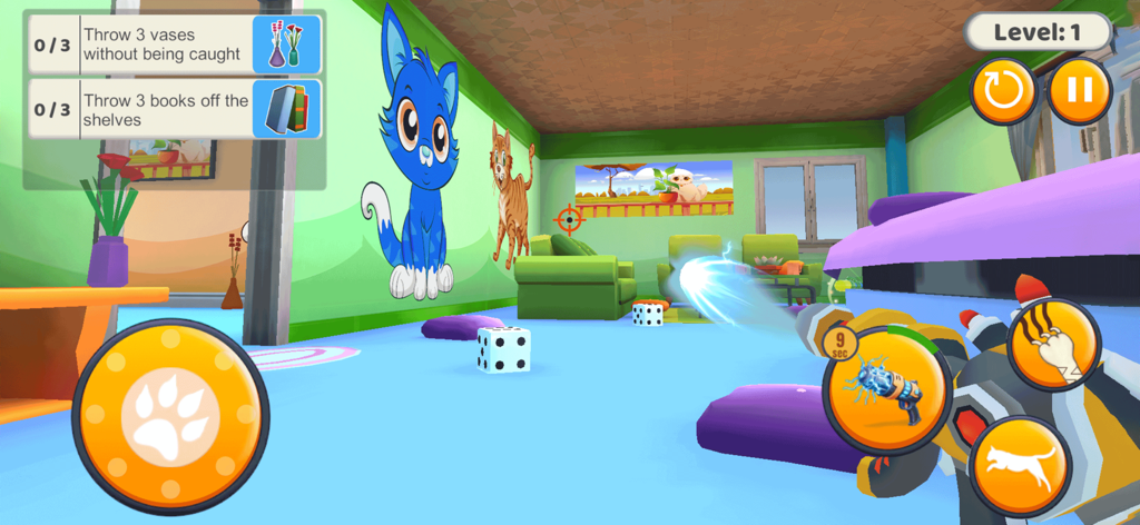 Kitty Punch : Cat Simulator - First person view of gameplay in Kitty Punch Cat Simulator showing energy blast and prank missions