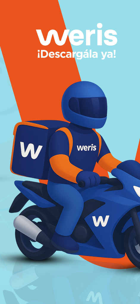 Weris app promotional image with an illustrated delivery driver on a blue motorcycle and the text Descargala ya