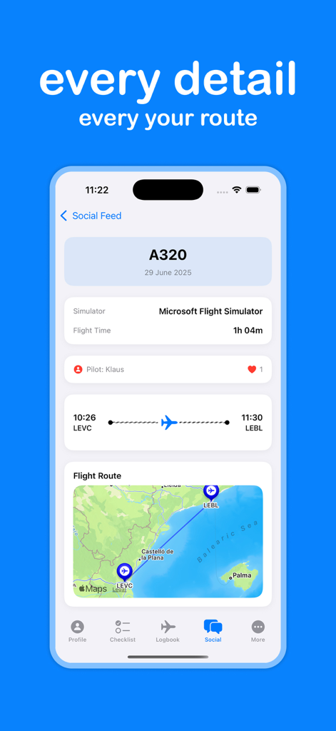 Social feed interface of the A320 Checklist app showing a Microsoft Flight Simulator flight log and route map between Valencia and Barcelona.