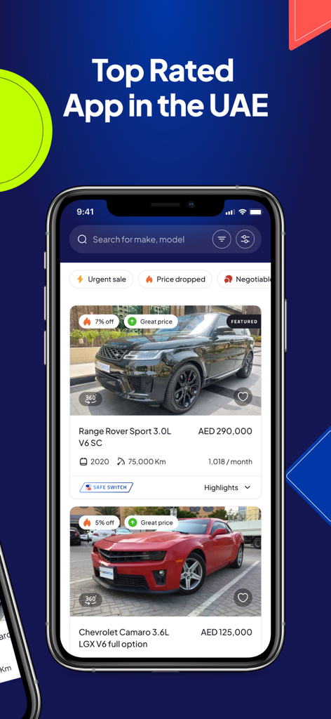 CarSwitch mobile app interface displaying certified used car listings in the UAE