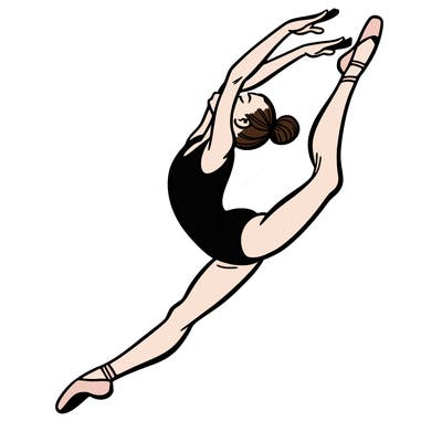 gymnast doing a leap in a leotard with a bent back leg