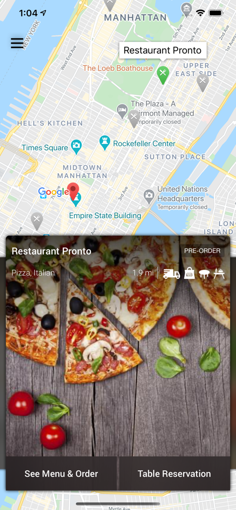 FoodBooking - Interface do aplicativo FoodBooking mostrando a localização do mapa de um restaurante e opções de pedido para uma pizzaria