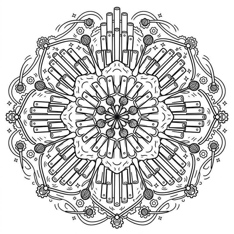Discover a symphony of patterns with our unique Vibraphone Mandala coloring page. This intricate design beautifully blends the iconic musical instrument with serene, symmetrical artistry, offering a truly captivating coloring experience.