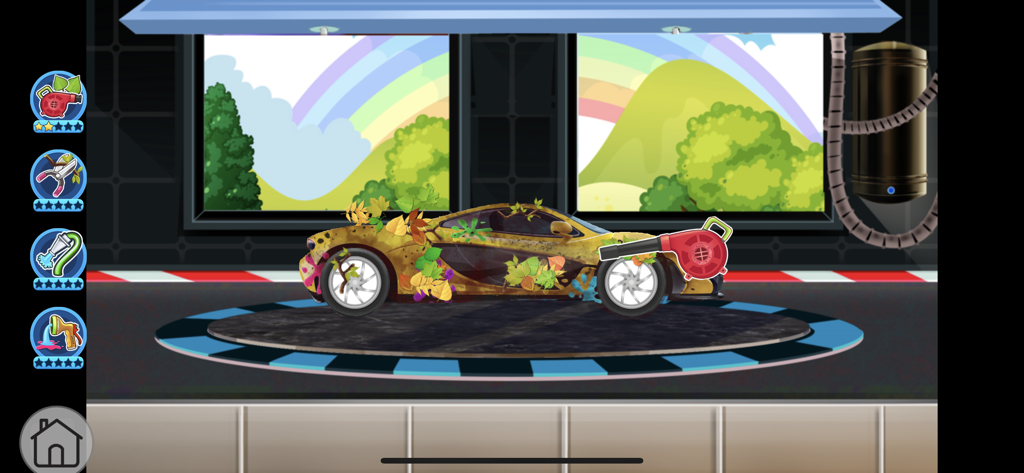 Car Wash Learning Unlocked - Um carro esportivo amarelo coberto de folhas sendo limpo com um soprador de folhas vermelho em um ambiente de jogo de lavagem de carros de desenho animado.