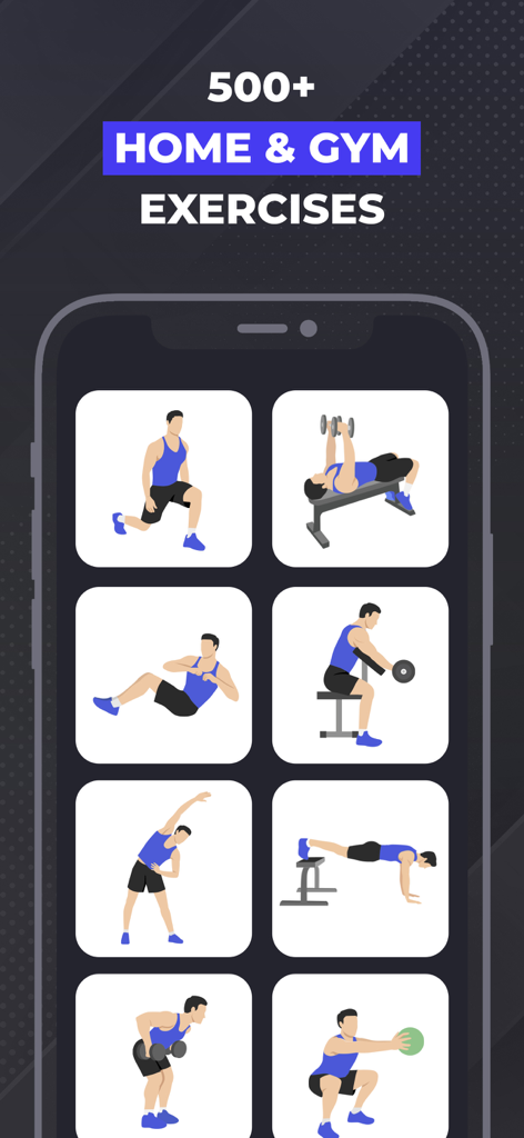Mobile app screen showing a collection of over 500 home and gym exercises with illustrative icons