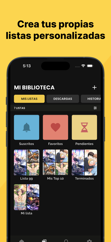 KanX - KanX app library screen showing personalized manga reading lists and categories in Spanish.
