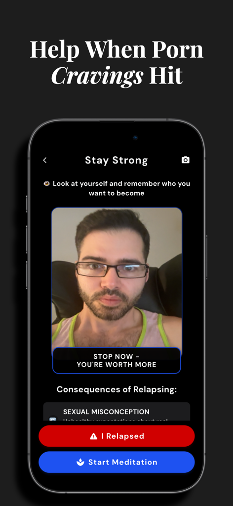 UNSHAKEN: Quit Porn Now - The UNSHAKEN app Stay Strong screen showing craving intervention tools and a meditation button.