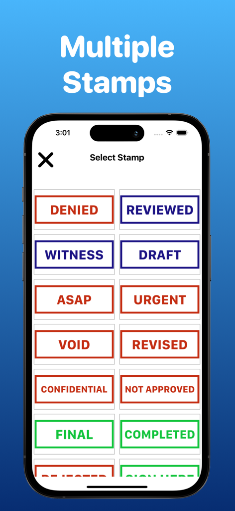 Interface d'une application de signature PDF montrant une liste de tampons numériques, y compris Urgent, Confidentiel et Revisé