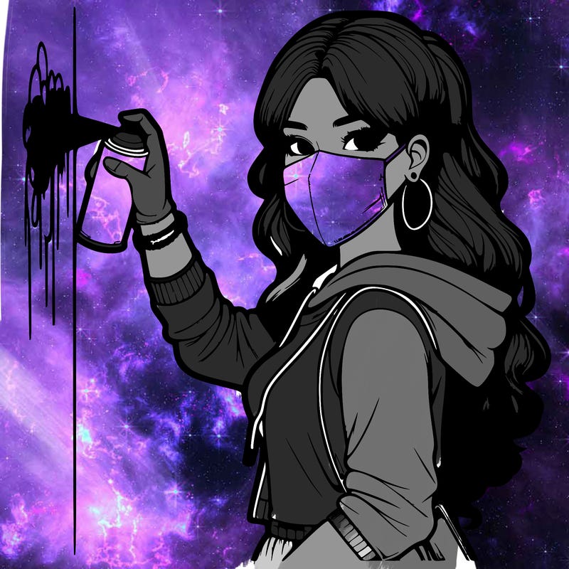 realistic girl with mask spray painting a wall