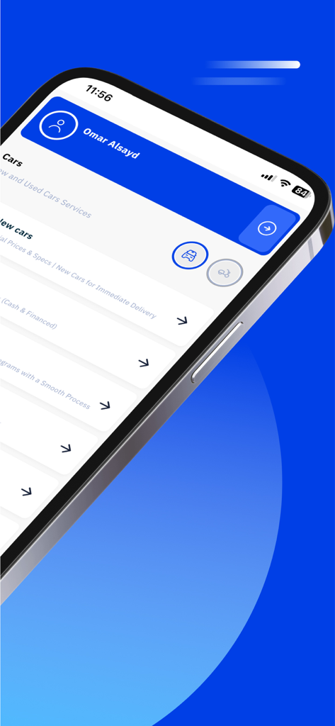 ContactCars: Buy & Sell Cars - ユーザープロファイルと新車・中古車サービスオプションを表示するContactCarsアプリのインターフェイスのスクリーンショット。