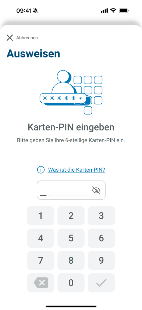 Screen showing the prompt to enter a six-digit card PIN in the AusweisApp Bund app.