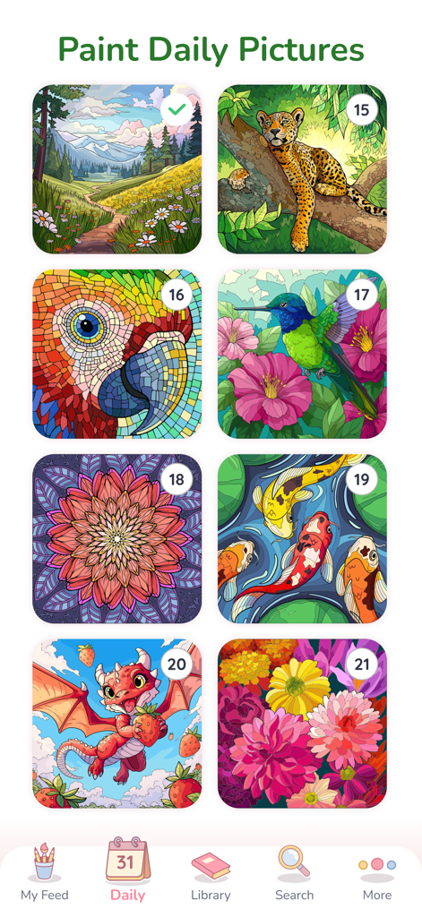 Eine Galerieansicht von täglichen Malvorlagen in der Happy Color App, die verschiedene Kategorien wie Tiere, Blumen und Natur zeigt