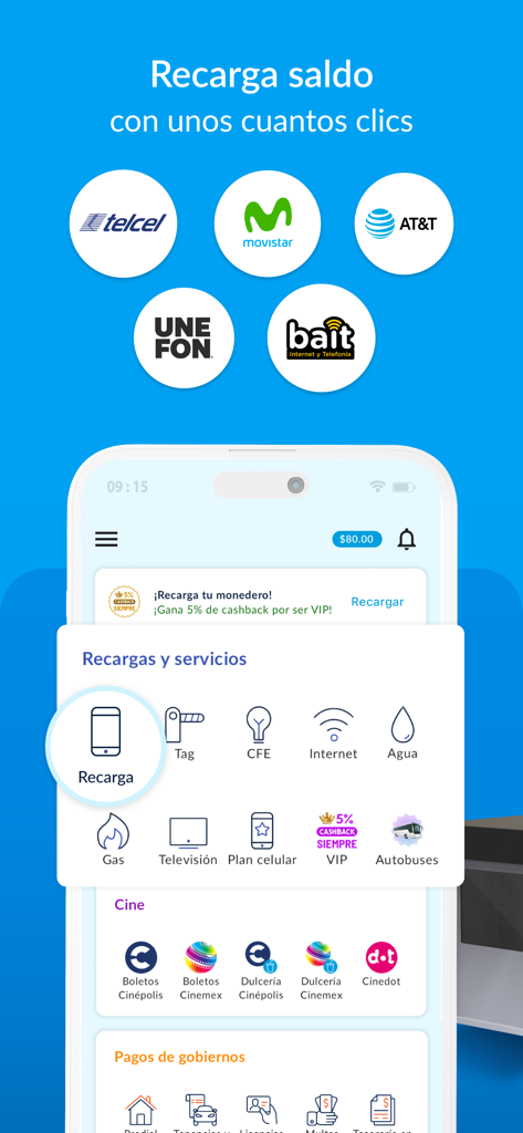 UnDosTres - Recargas y Pagos - メキシコの携帯電話チャージと公共料金支払い用のUnDosTresモバイルアプリインターフェース