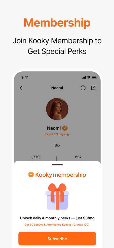 Kooky: For K-Pop Fans - Kooky app membership screen showing subscription details for special perks and monthly rewards.
