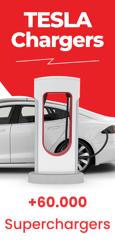 Supercharger map for Tesla - A white Tesla charging at a station with text highlighting over sixty thousand superchargers.
