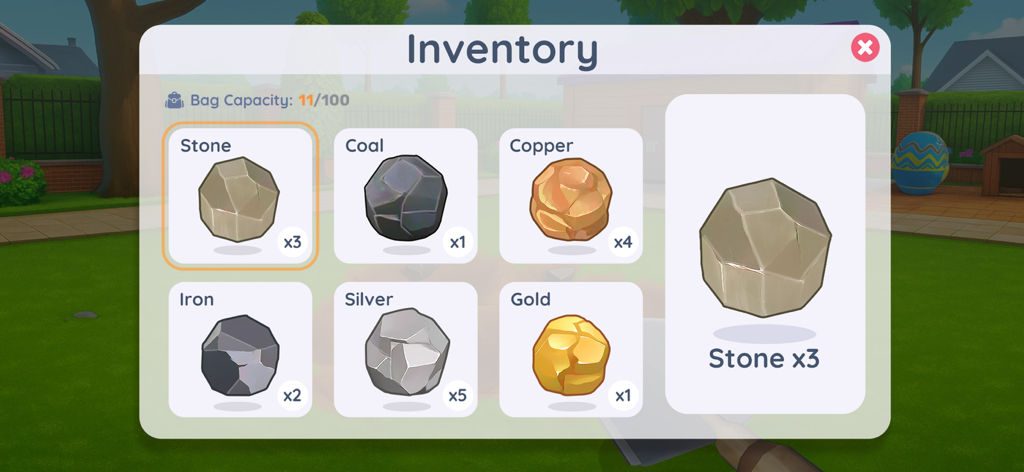 DIY Digging - Pantalla de inventario dentro del juego de DIY Digging que muestra recursos recolectados como piedra, carbón, cobre, hierro, plata y oro con capacidad de bolsa.