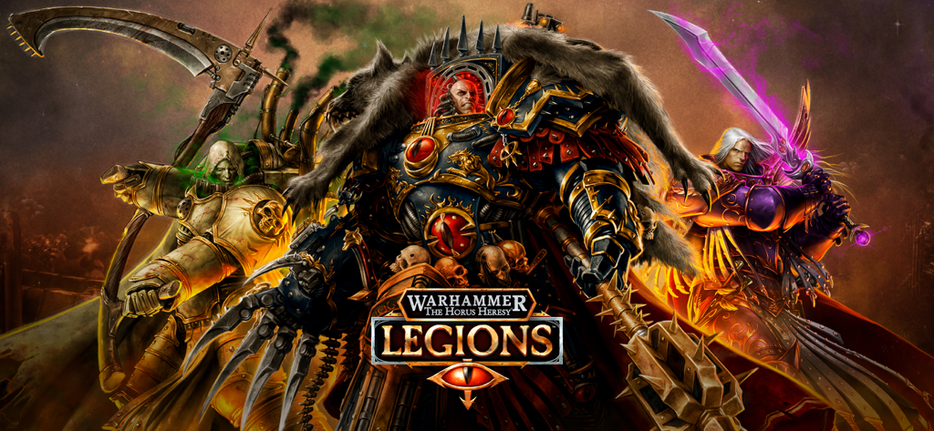 Ilustración promocional de Warhammer Horus Heresy Legions que muestra personajes icónicos y el logo del juego.