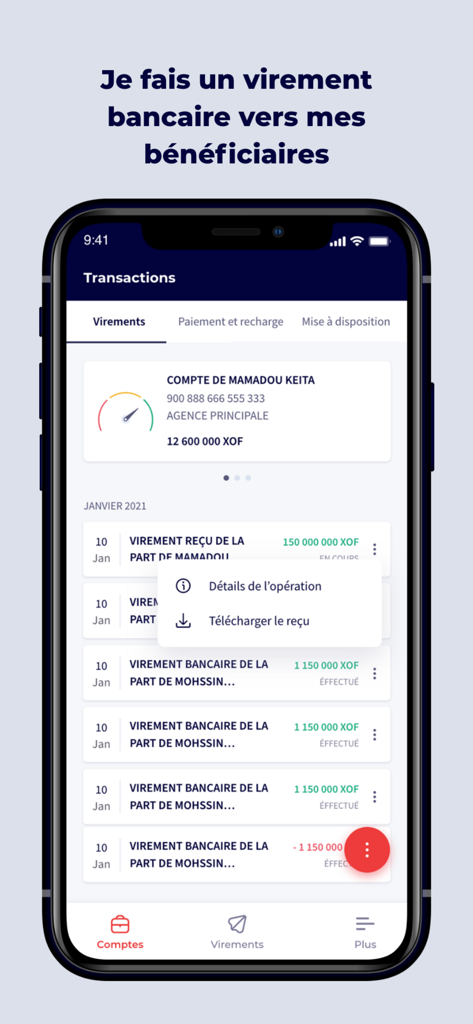 SG Connect - SG Connect mobile app transaction screen displaying a list of bank transfers and an options menu