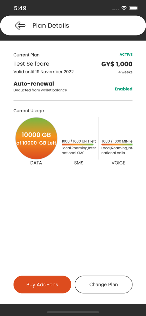 My ENet - My ENet app screen showing active mobile plan details, auto-renewal status, and data, SMS, and voice usage tracking.