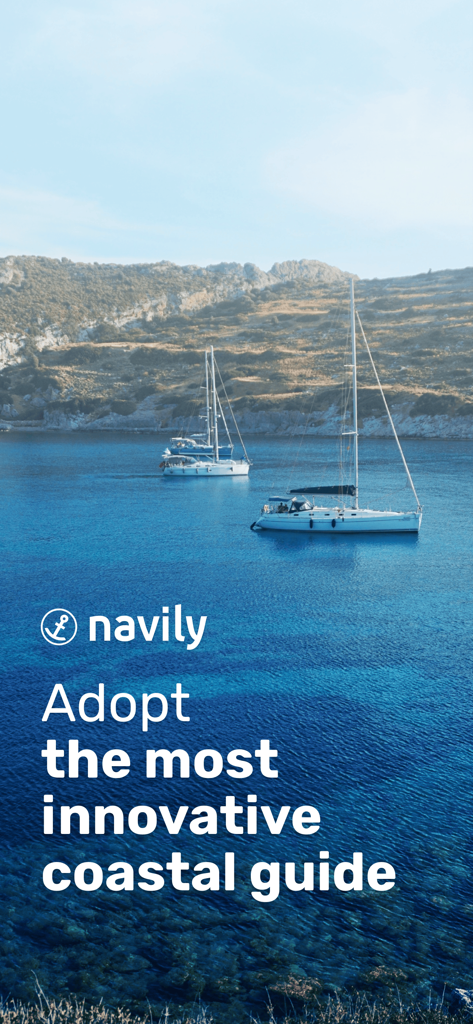 Navily - Two sailboats anchored in a crystal clear blue bay with text reading navily Adopt the most innovative coastal guide