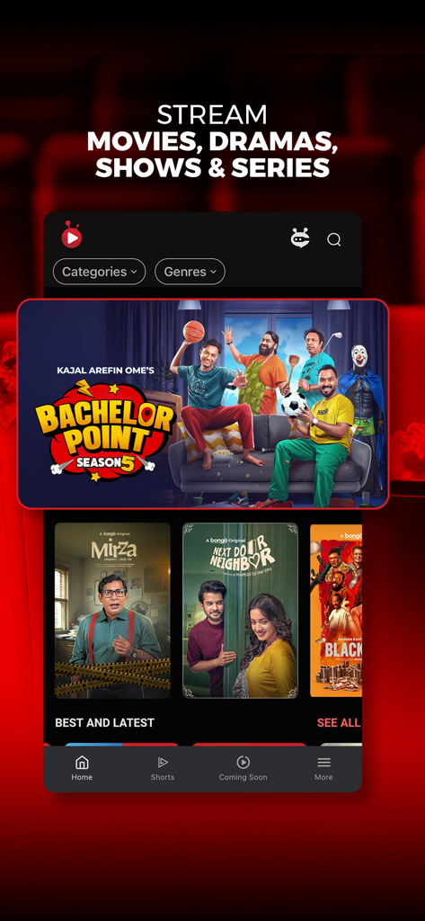 Home screen of Bongo app featuring popular Bangla movies and drama series