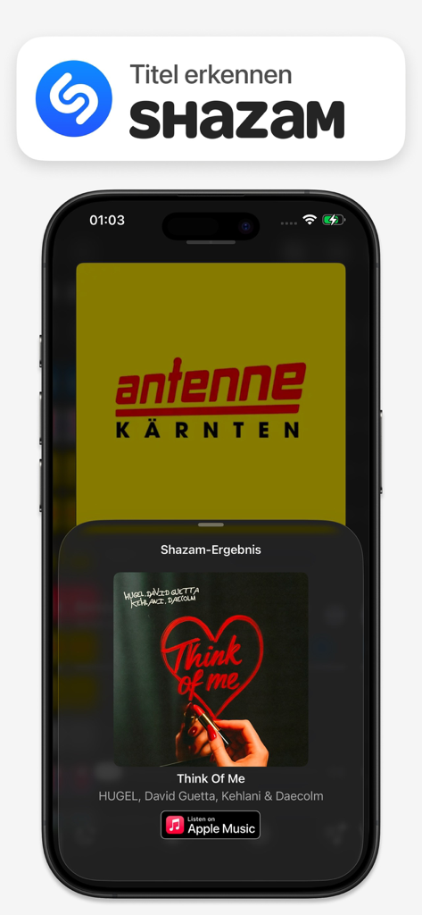 Radio Austria Online - Radio Austria Online app showing integrated Shazam music recognition and Apple Music link