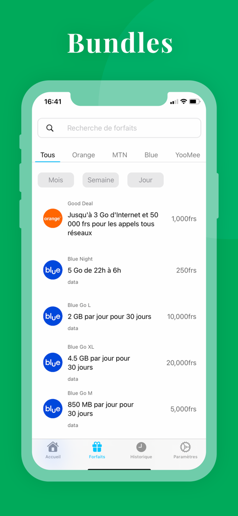 L'interface de l'application Switchn montrant les forfaits de données mobiles et de crédit disponibles pour des réseaux comme Orange et Blue au Cameroun.