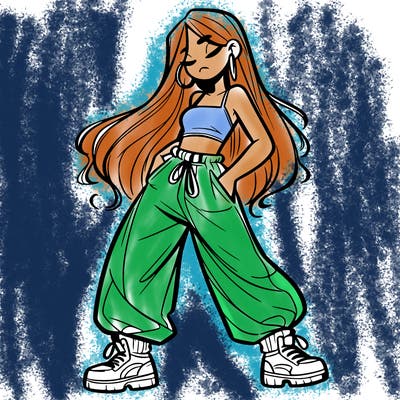 girl in baggy pants crop top and long hair