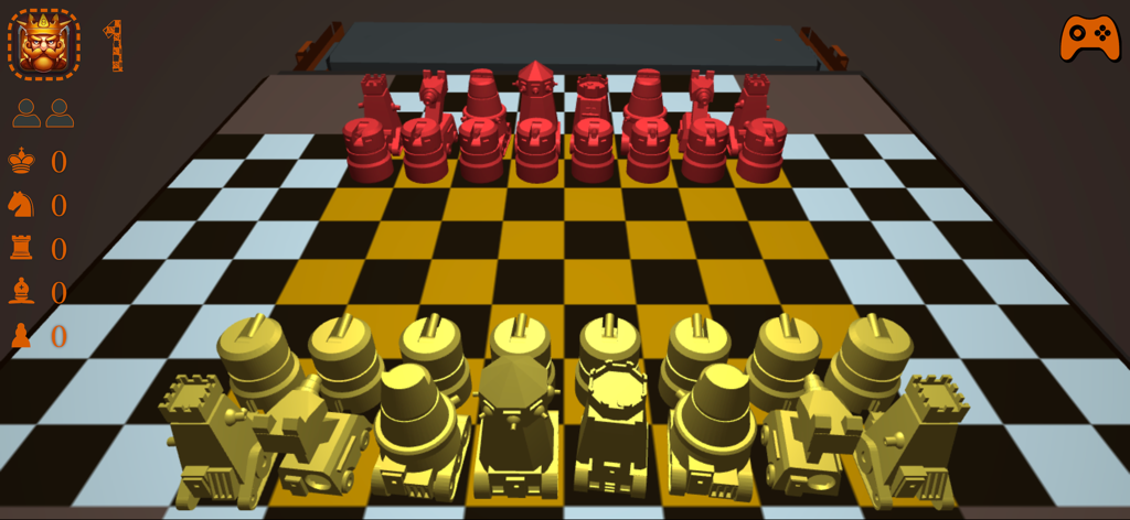 3D gameplay of Chess Mates featuring yellow and red tank themed chess pieces on a checkered board