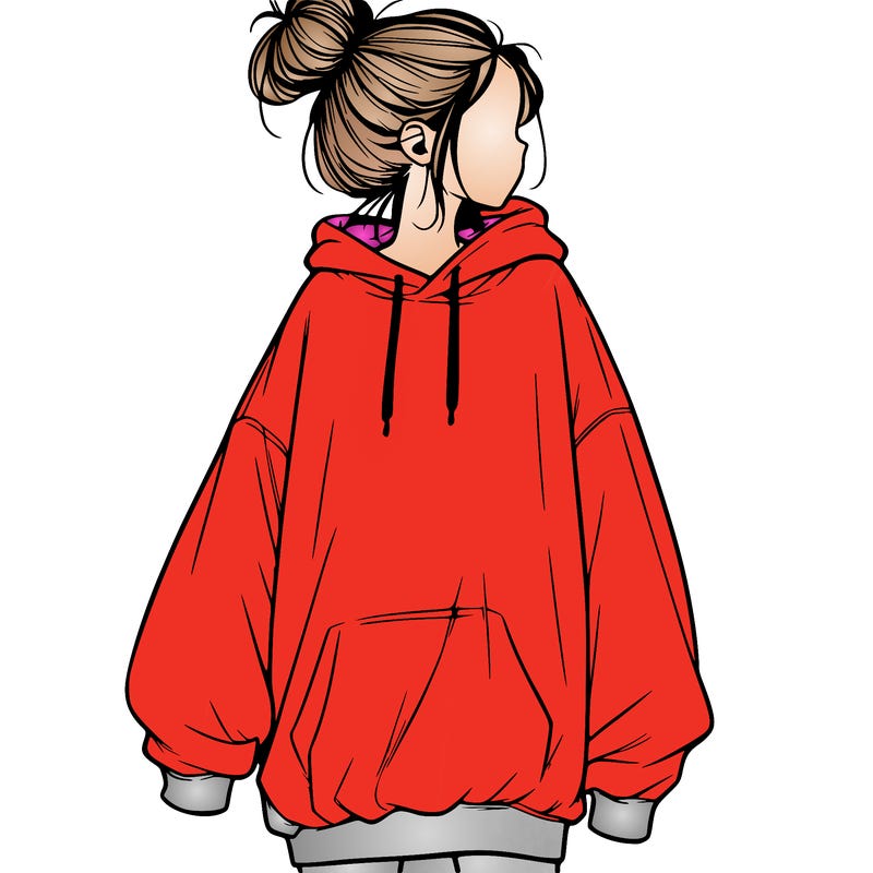 realistic girl with a oversized sweatshirt on and a bun