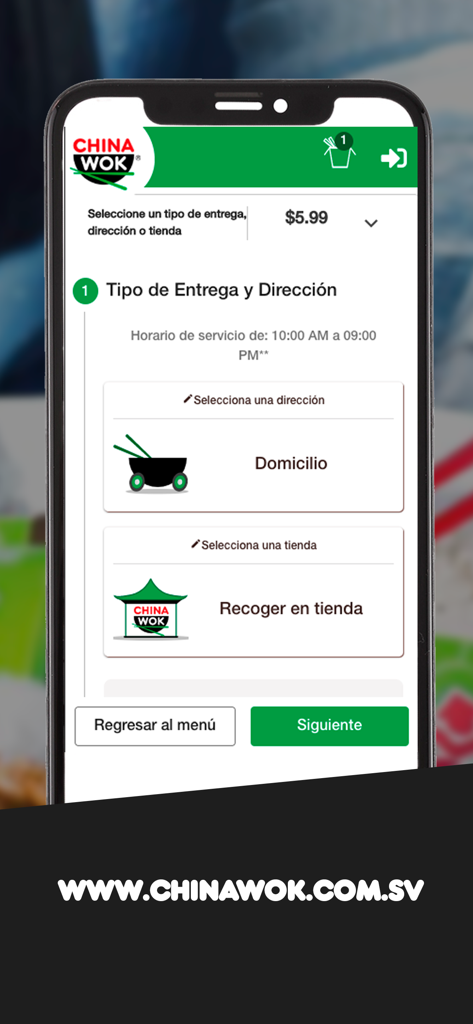 China Wok El Salvador app screen showing options for home delivery and in store pickup