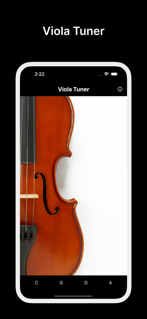Interfaz de la aplicación Afinador de Viola mostrando una imagen de viola y las notas de referencia Do Sol Re La